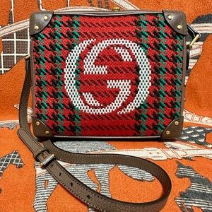 Gucci Red Green Brown Canvas Crossbody Bag with White Logo